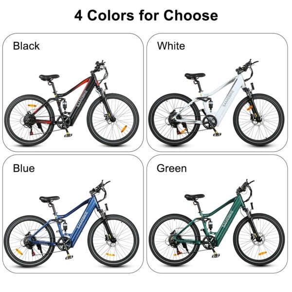 Kaksi Samebike XD26 sähköpyörää vierekkäin – värivaihtoehdot vihreä ja musta, moderni sähköpyörä miehille