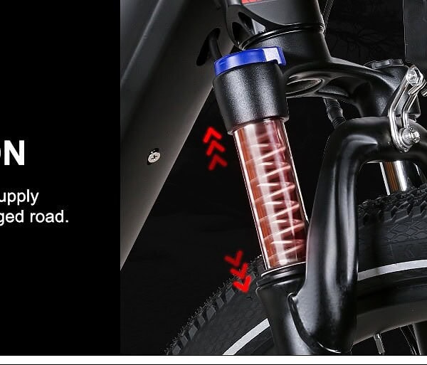 Samebike XD26 sähköpyörän täysi jousitus – etuhaarukka ja takaiskunvaimennin pehmentävät töyssyt ja parantavat ajomukavuutta