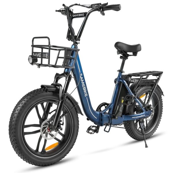 Sininen sähköavusteinen fatbike etu- ja takatavararäkeillä