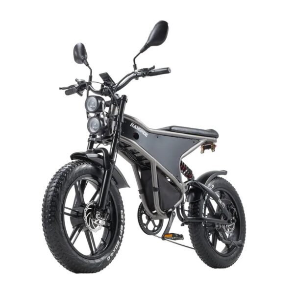 Graues Elektromoped mit dicken Reifen vor weißem Hintergrund
