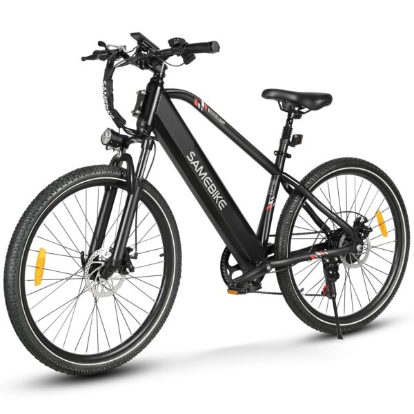 Musta SAMEBIKE-sähkömaastopyörä valkoisella taustalla