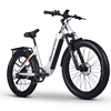 Valkoinen sähköinen fatbike tavaratelineellä ja paksuilla renkailla