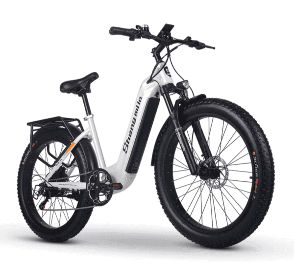 Valkoinen sähköinen fatbike tavaratelineellä ja paksuilla renkailla