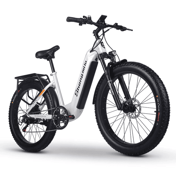 Fatbike elettrica bianca con portapacchi e pneumatici larghi.