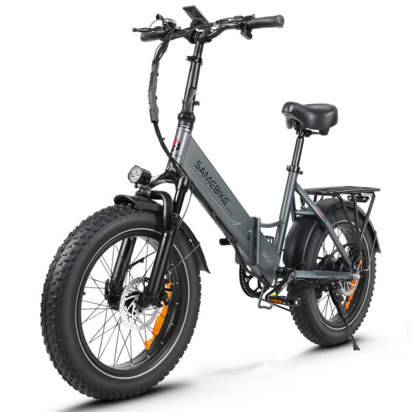 Harmaa sähköfatbike tavaratelineellä ja etuvalolla
