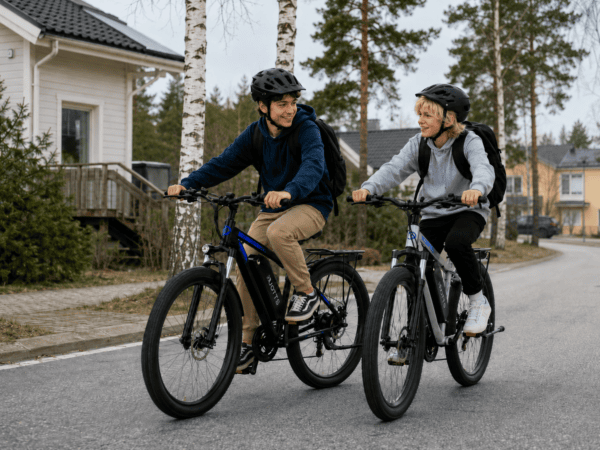 Kaksi nuorta pyöräilee kypärät päässä asuinalueella.