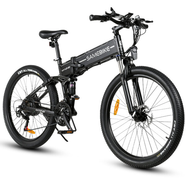 Musta täysjousitettu SAMEBIKE-sähkömaastopyörä valkoisella taustalla