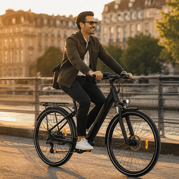 Ein Mann fährt bei Sonnenuntergang mit einem Elektrofahrrad an einem Fluss entlang.
