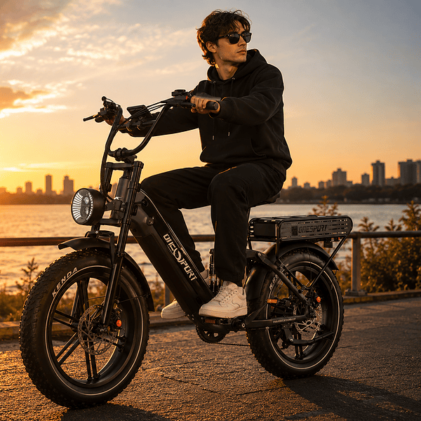 Un uomo in sella a una bicicletta elettrica al tramonto su una spiaggia cittadina.