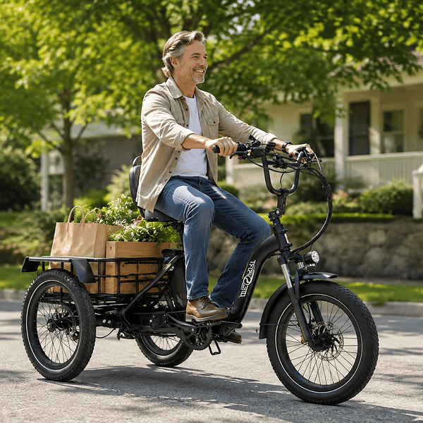 Un hombre monta una bicicleta de carga con suministros de jardinería a bordo.
