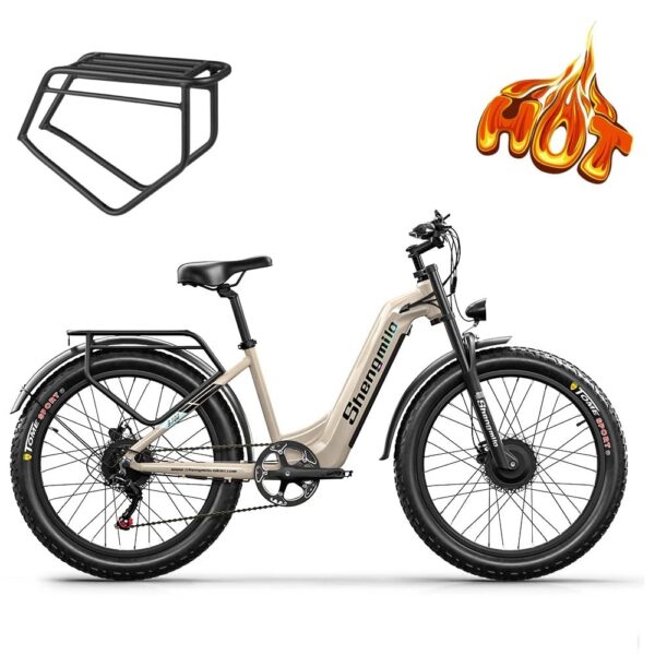 Beige sähköfatbike tavaratelineellä ja liekkigrafiikalla