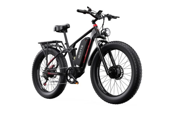 Musta sähköfatbike etuvalolla ja tavaratelineellä