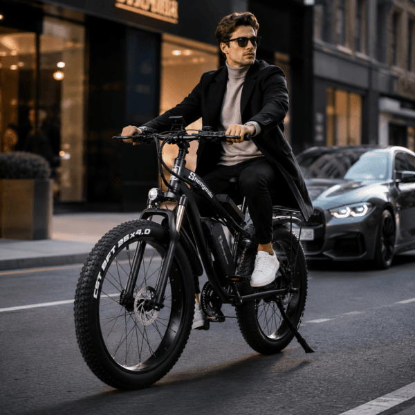 Tyylikäs mies ajaa sähköistä fatbikea kaupungissa.