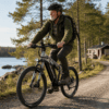 Mies pyöräilee sähkömaastopyörällä järvenrantametsässä kalastusvarusteineen.