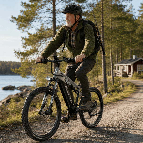 Mies pyöräilee sähkömaastopyörällä järvenrantametsässä kalastusvarusteineen.