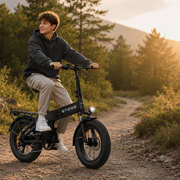 Een jonge man fietst op een elektrische fiets over een bospad bij zonsondergang.
