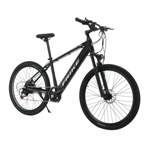 "Moderni Frike F3 sähköpyörä pysäköitynä puiston penkin viereen."