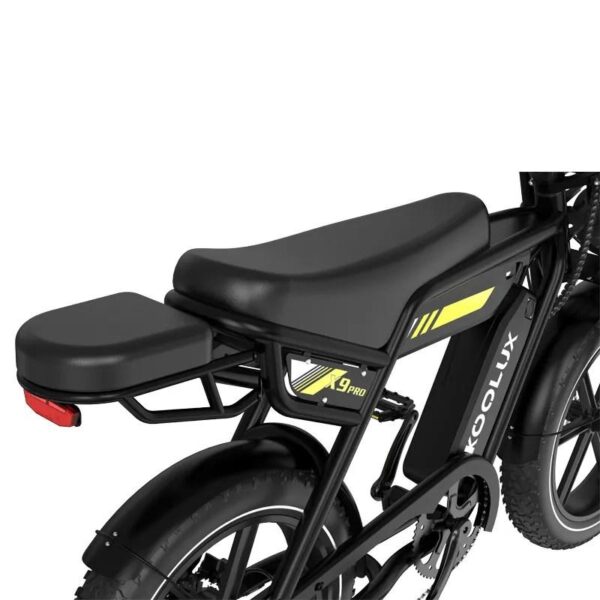 Black and yellow electric bike with long seat and back cushion