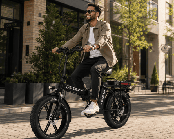 Mies ajaa sähköavusteisella fatbike-pyörällä kaupungissa.