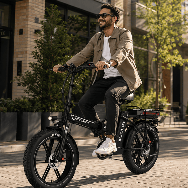 Mies ajaa sähköavusteisella fatbike-pyörällä kaupungissa.