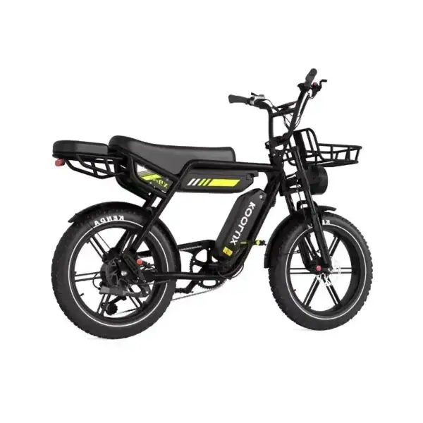 Black KoomiX electric bike with front basket and thick tires