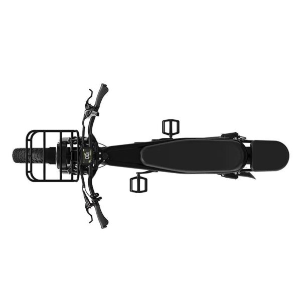 Top view of a black electric bike with a front basket