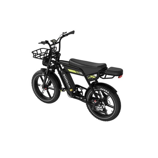 Black electric bike with front basket, rear rack and thick tires