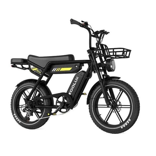 Black electric bike with front basket and thick tires