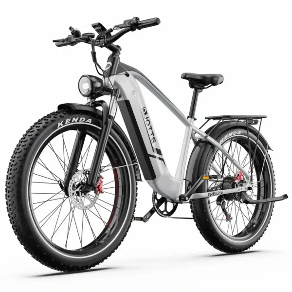 Harmaa sähköinen fatbike-pyörä tavaratelineellä ja etuvalolla