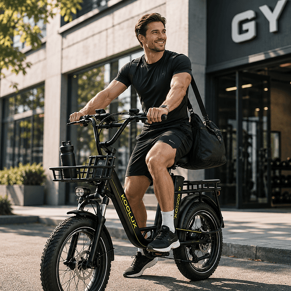 Mies ajaa sähköpyörällä kuntosalin edessä