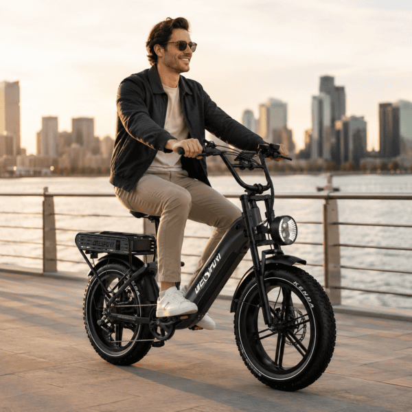 Ein Mann fährt bei Sonnenuntergang mit einem Elektrofahrrad auf der Stadtpromenade.