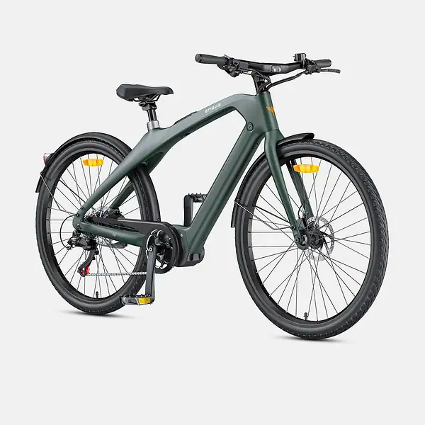Bicicletta elettrica verde scuro con parafanghi su sfondo bianco