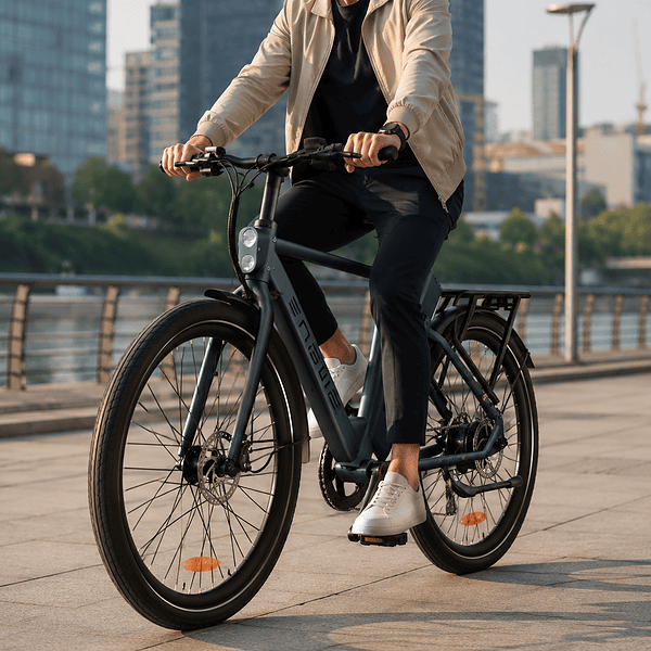 Mann fährt mit einem Elektrofahrrad in einer modernen Stadtlandschaft