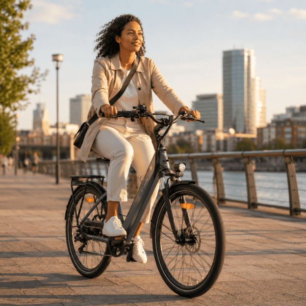 Eine Frau fährt bei Sonnenuntergang mit einem Elektrofahrrad die Stadtpromenade entlang.