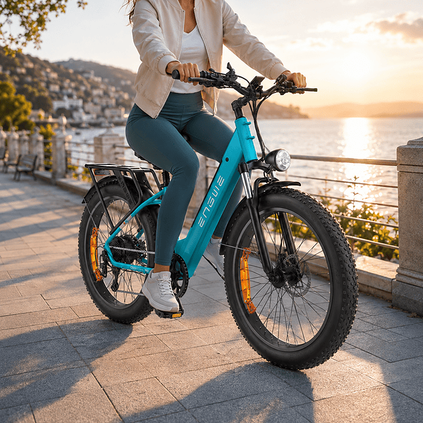 Eine Frau fährt bei Sonnenuntergang mit einem Elektrofahrrad auf einer Küstenstraße.