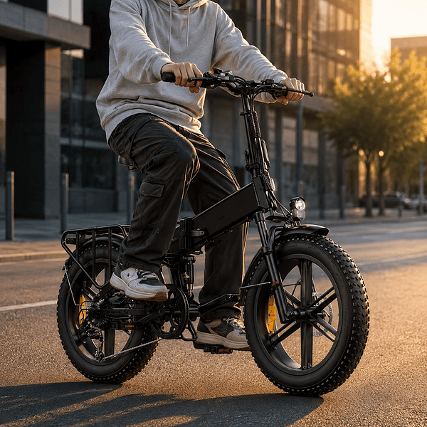 Junger Mann fährt bei Sonnenuntergang mit einem Elektrofahrrad durch die Stadt.