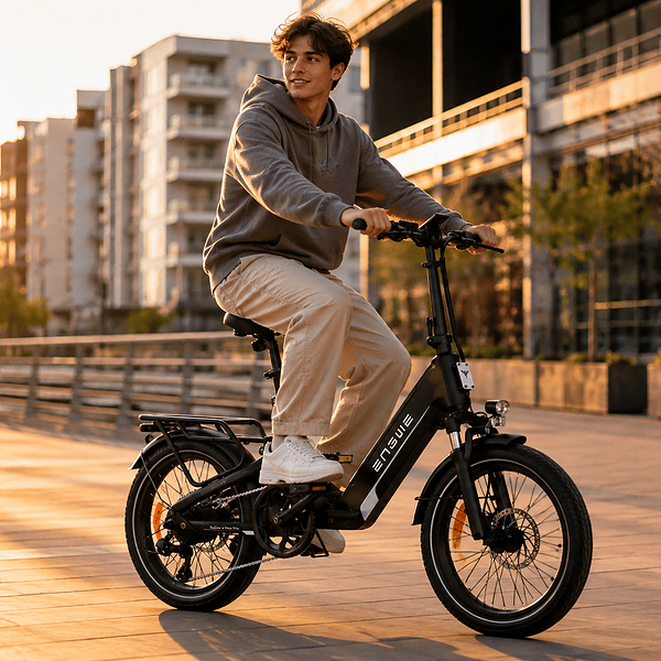 Ein junger Mann fährt bei Sonnenuntergang mit einem Elektrofahrrad durch die Stadt.