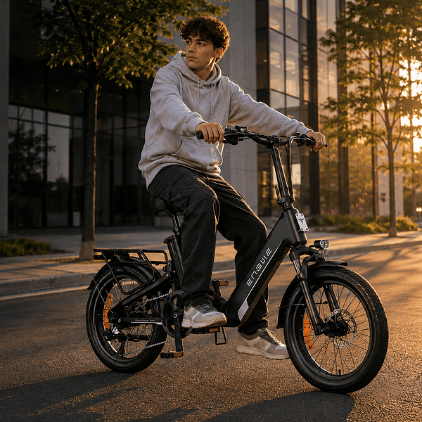 Jonge man rijdt op een elektrische fiets door de stad bij zonsondergang.