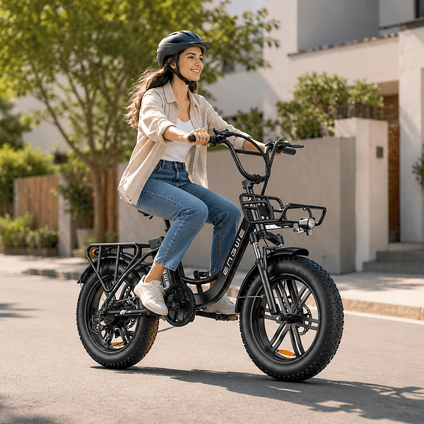 Eine Frau mit Helm fährt mit einem Elektrofahrrad auf einer sonnigen Wohnstraße.