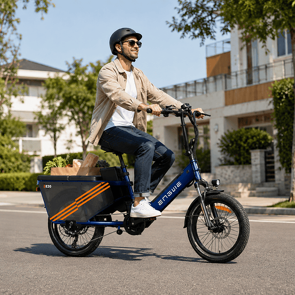 En mand bærer dagligvarer på en elektrisk ladcykel