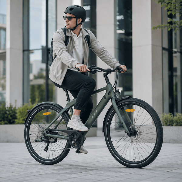 Un hombre con casco monta en bicicleta eléctrica en la ciudad.