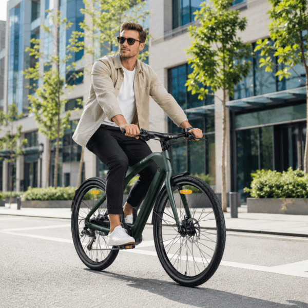 Un uomo pedala su una bicicletta elettrica in un moderno ambiente urbano.