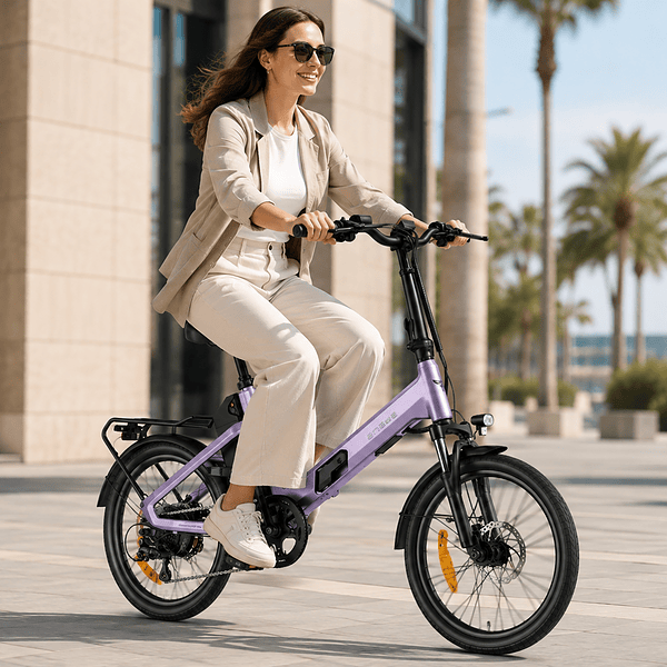 Eine Frau fährt mit einem lila Elektrofahrrad auf einer von Palmen gesäumten Straße.