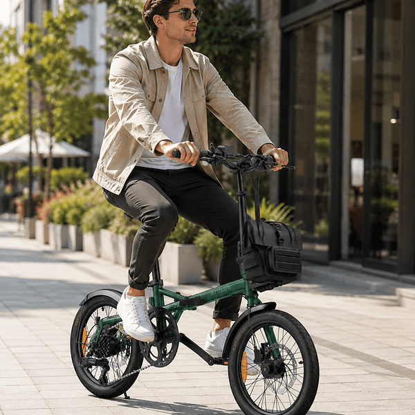 Ein Mann fährt mit einem grünen Klapprad auf einer Stadtstraße