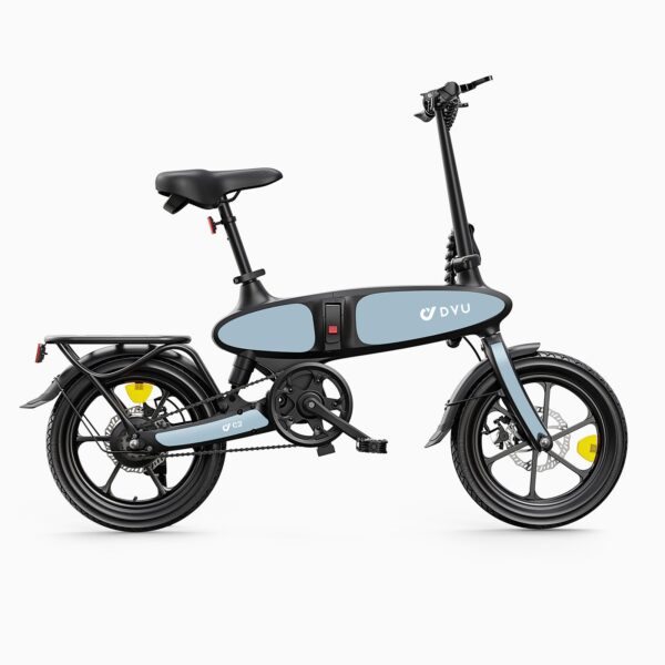 Schwarzes und blaugraues faltbares Elektrofahrrad mit Gepäckträger