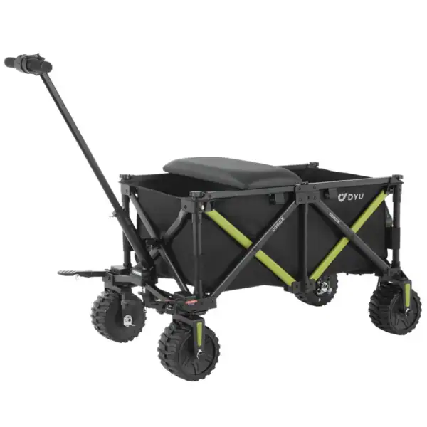 Zwarte opvouwbare transporttrolley met zitje en trekhendel.