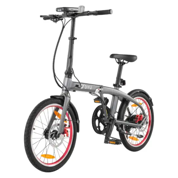 Grijze opvouwbare DYU elektrische fiets met rode velgen