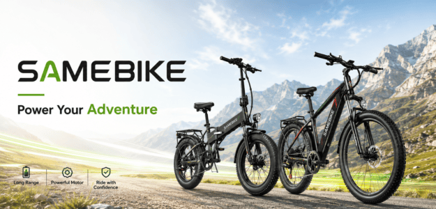 SAMEBIKE-sähköpyörät vuoristomaisemassa, teksti Power Your Adventure