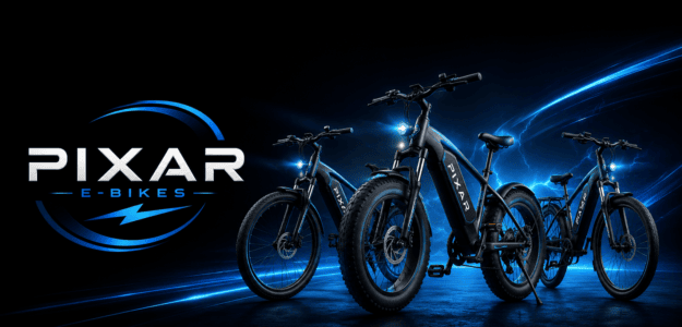 Pixar E-Bikes -sähköpyöriä sinisellä valaistulla taustalla