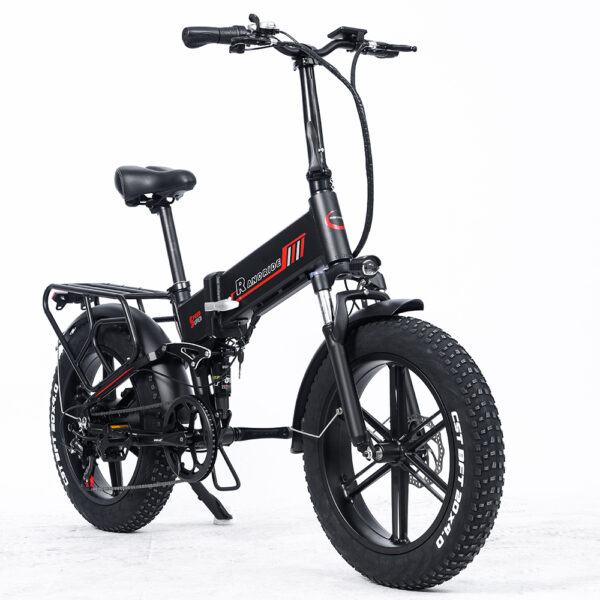 Sort foldbar elcykel med tykke dæk og bagagebærer